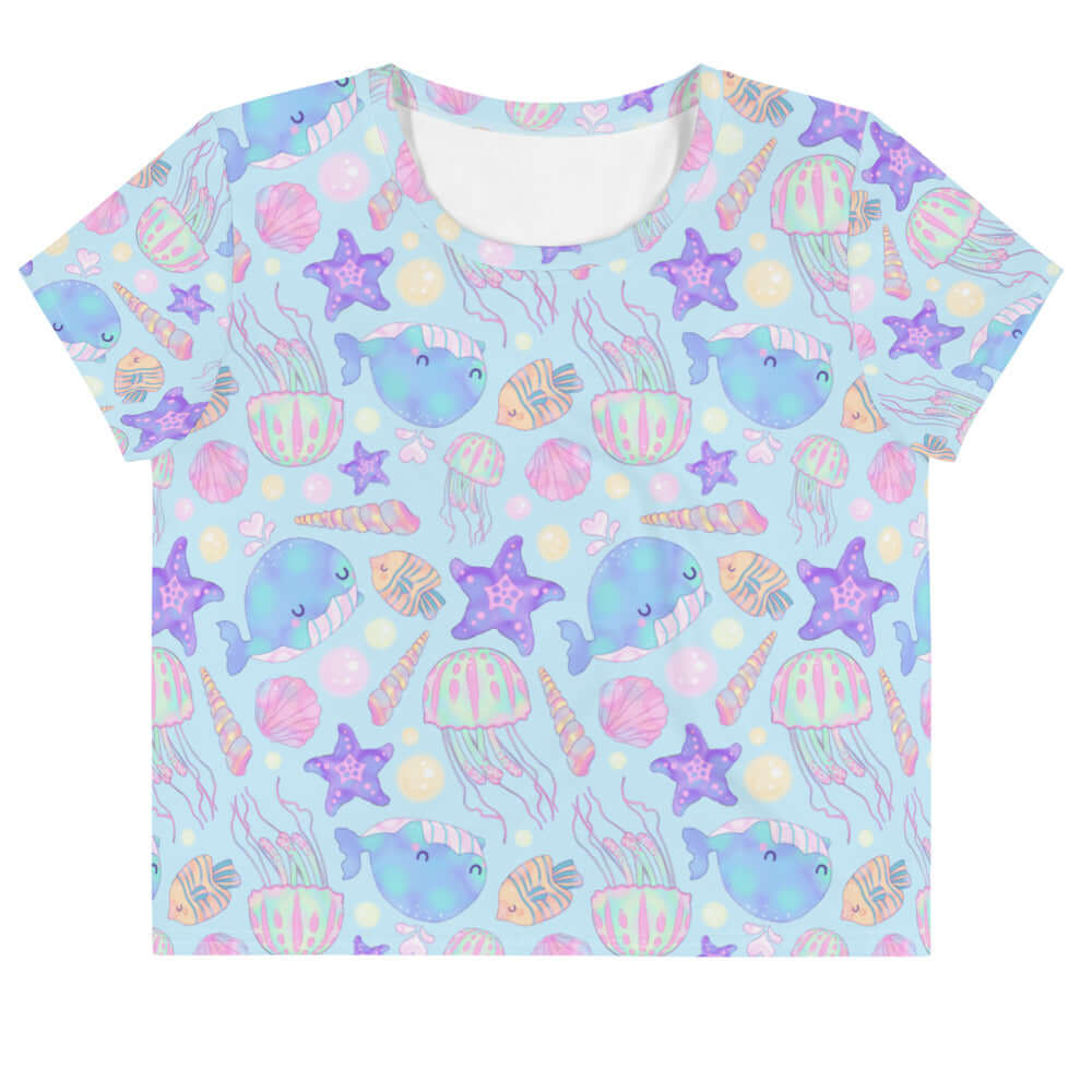 Cute Under the Sea Crop Top with vibrant sea creatures, perfect for beach days or casual outings. Ideal for summer fun!