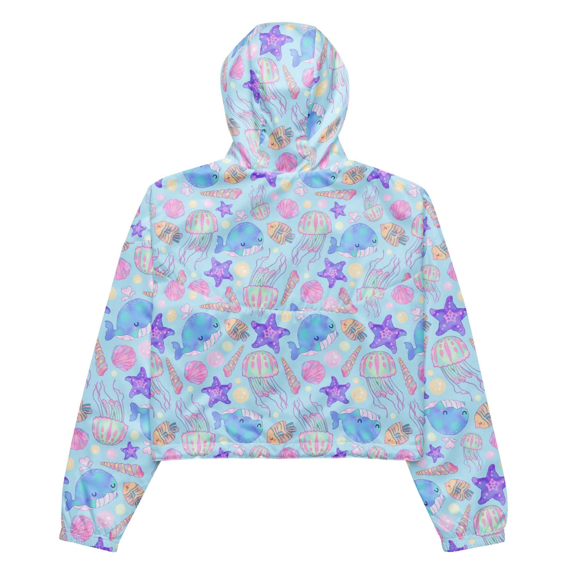 Colorful Under the Sea cropped windbreaker with cute marine designs, perfect for stylish, waterproof adventures.