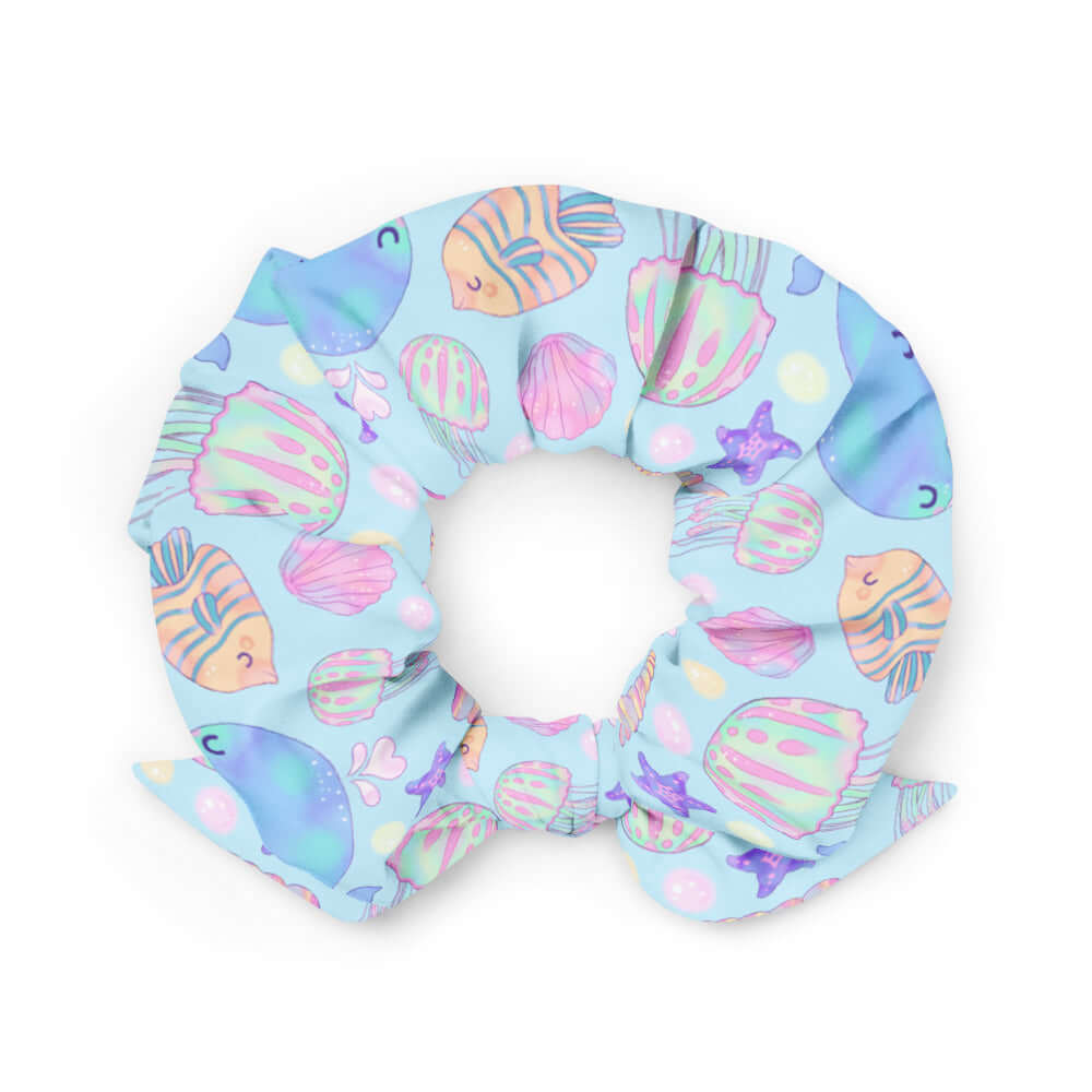 Bright and cheerful Under the Sea Scrunchie featuring cute marine life, perfect for adding style to any outfit.