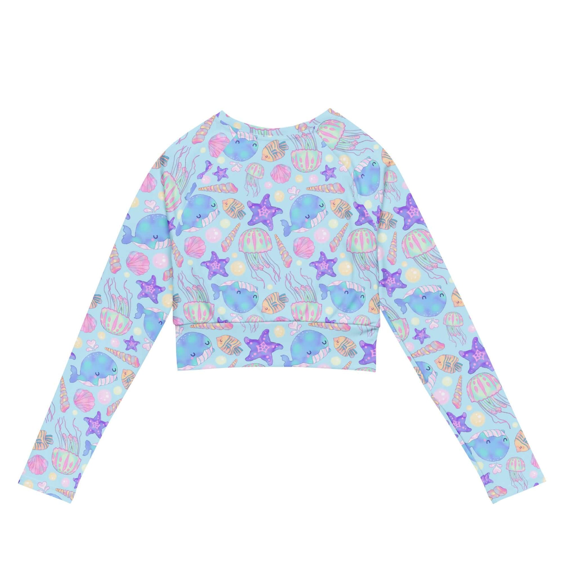 Colorful Under the Sea Long-sleeved Crop Top, eco-friendly for sports and athleisure, featuring a comfy waistline band.