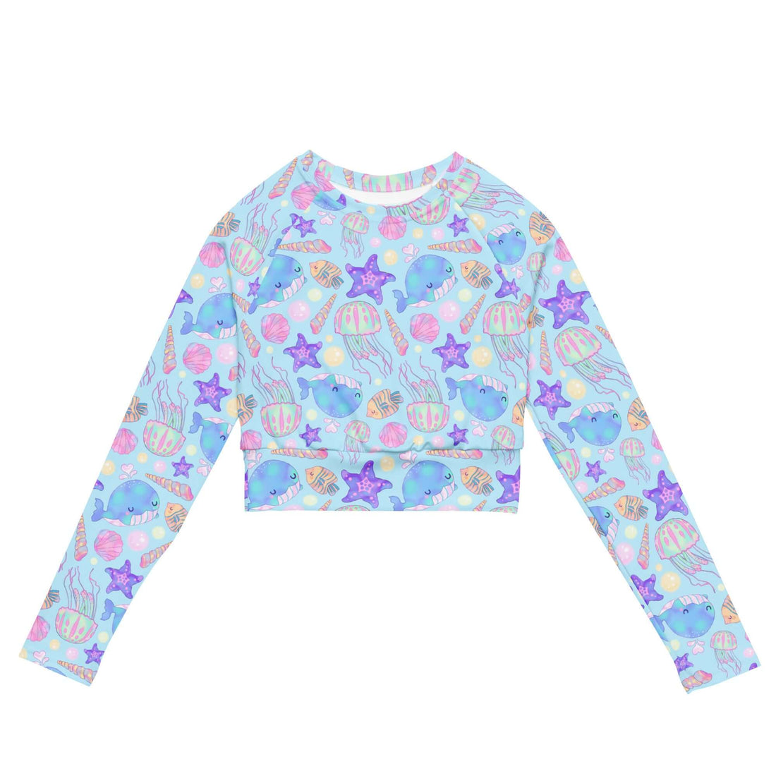 Under the Sea Long-sleeved Crop Top features vibrant marine prints, perfect for eco-friendly athleisure and swimming.