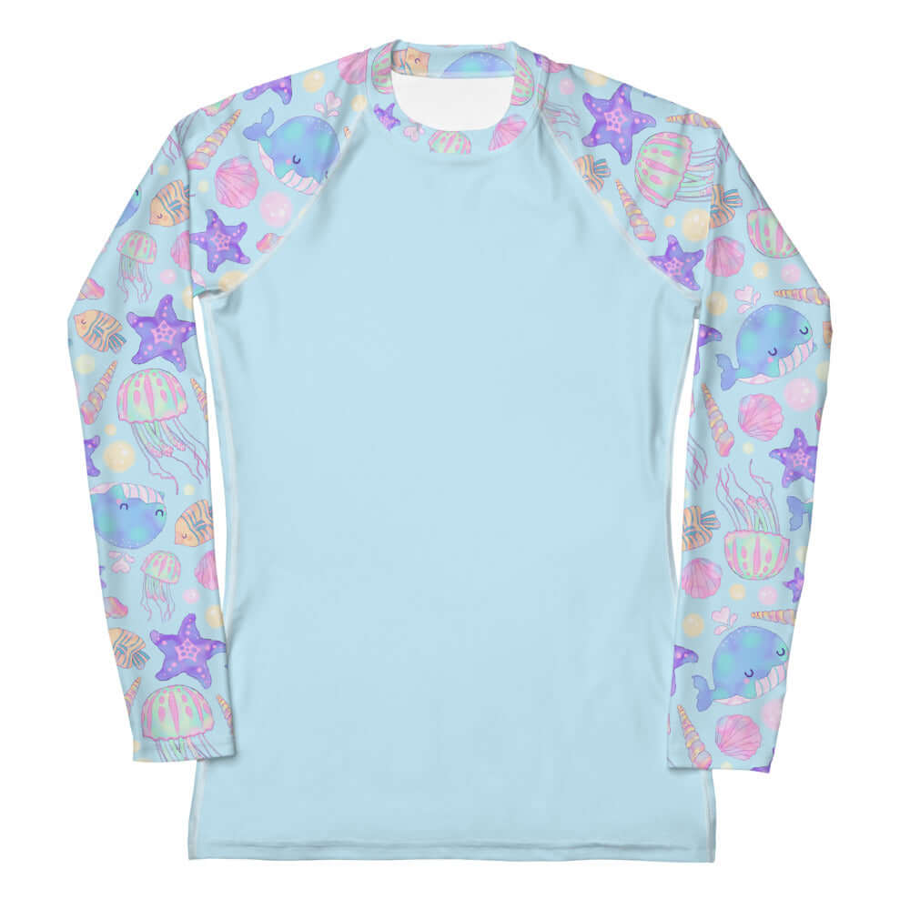 Stylish Under the Sea Rash Guard featuring colorful marine life designs, perfect for sun protection during activities.