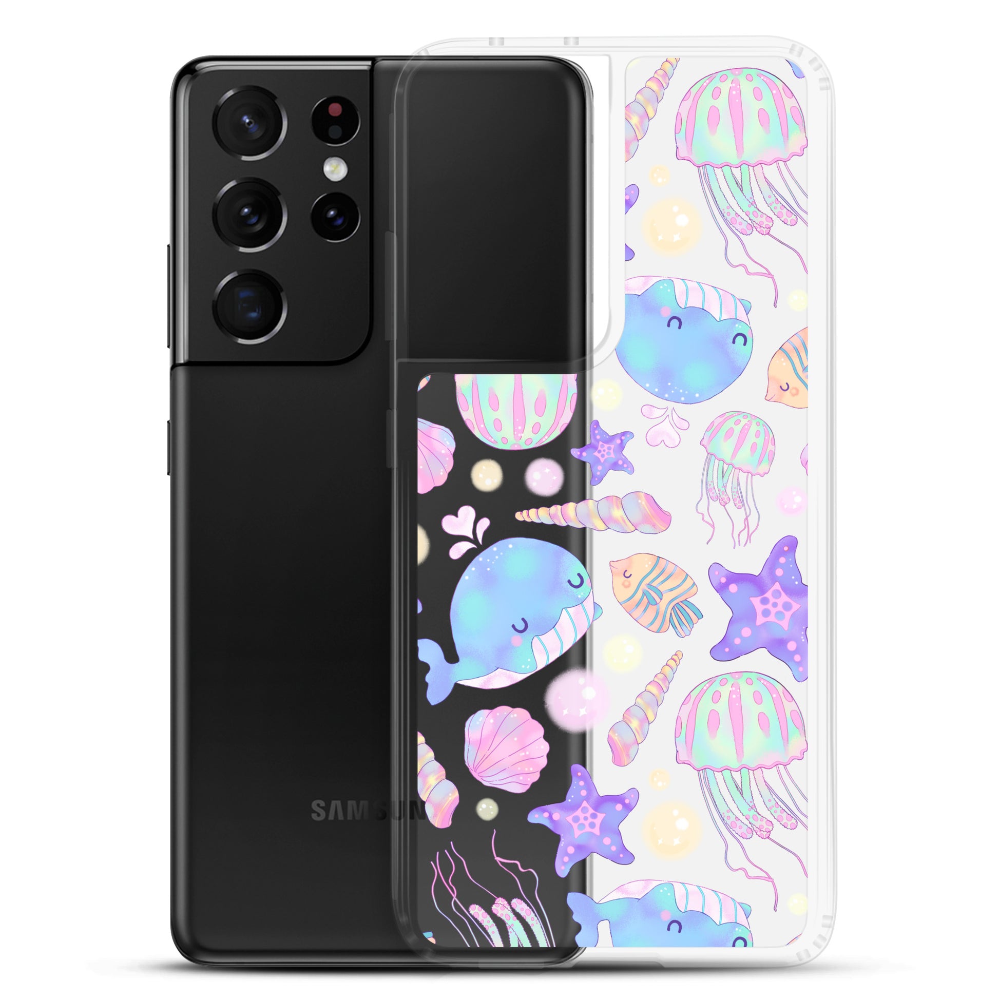 Colorful Under the Sea Samsung® Clear Case showcasing cute marine life design, perfect for protecting your phone.