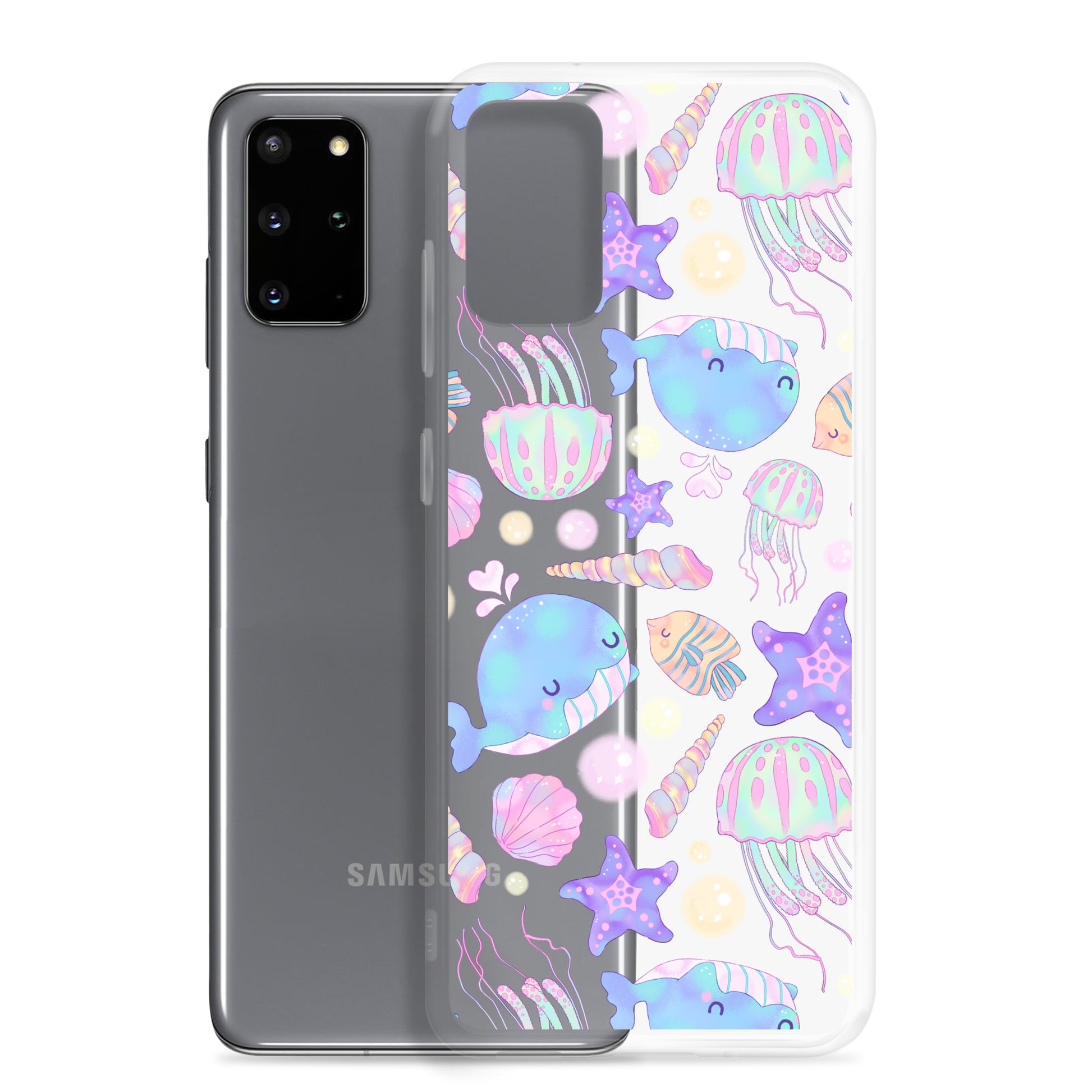 Under the Sea Samsung® Clear Case showcasing cute ocean creatures, perfect for adding style and protection to your phone.
