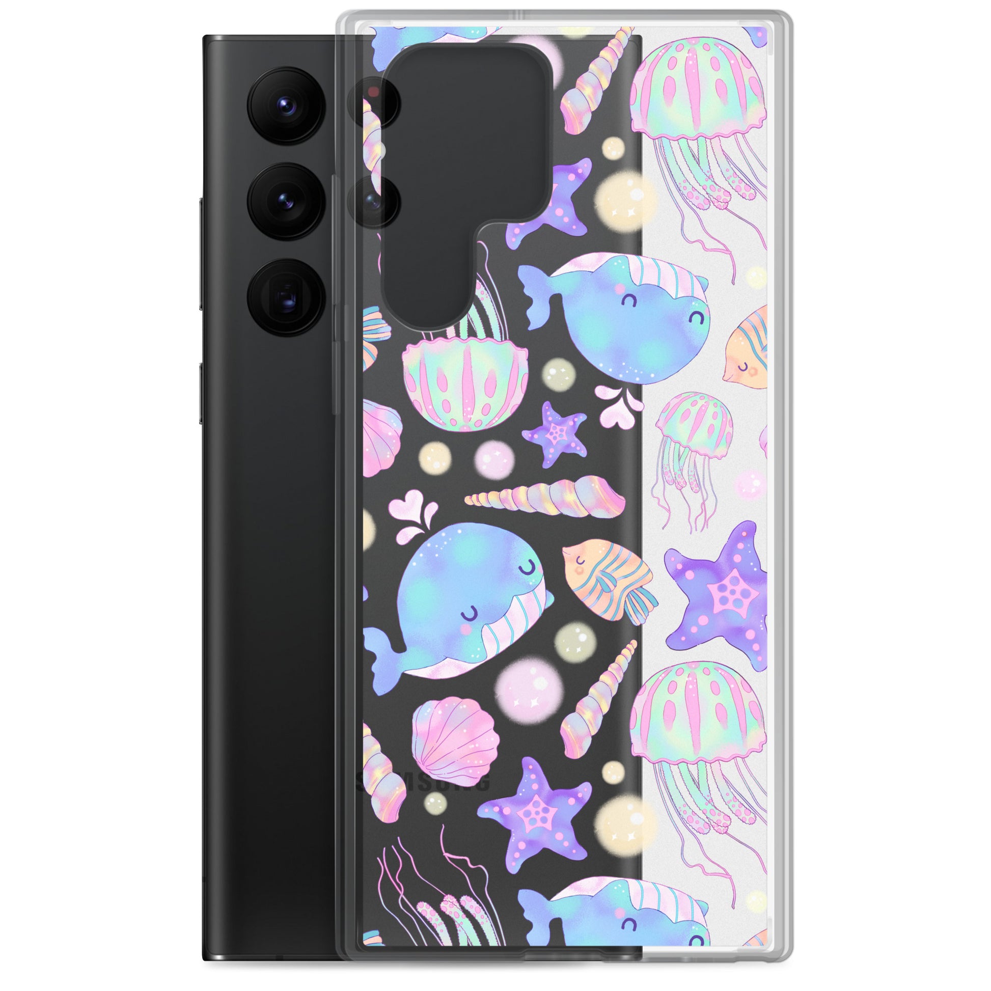 Colorful Under the Sea Samsung® Clear Case featuring cute sea creatures, perfect for protecting your phone stylishly.