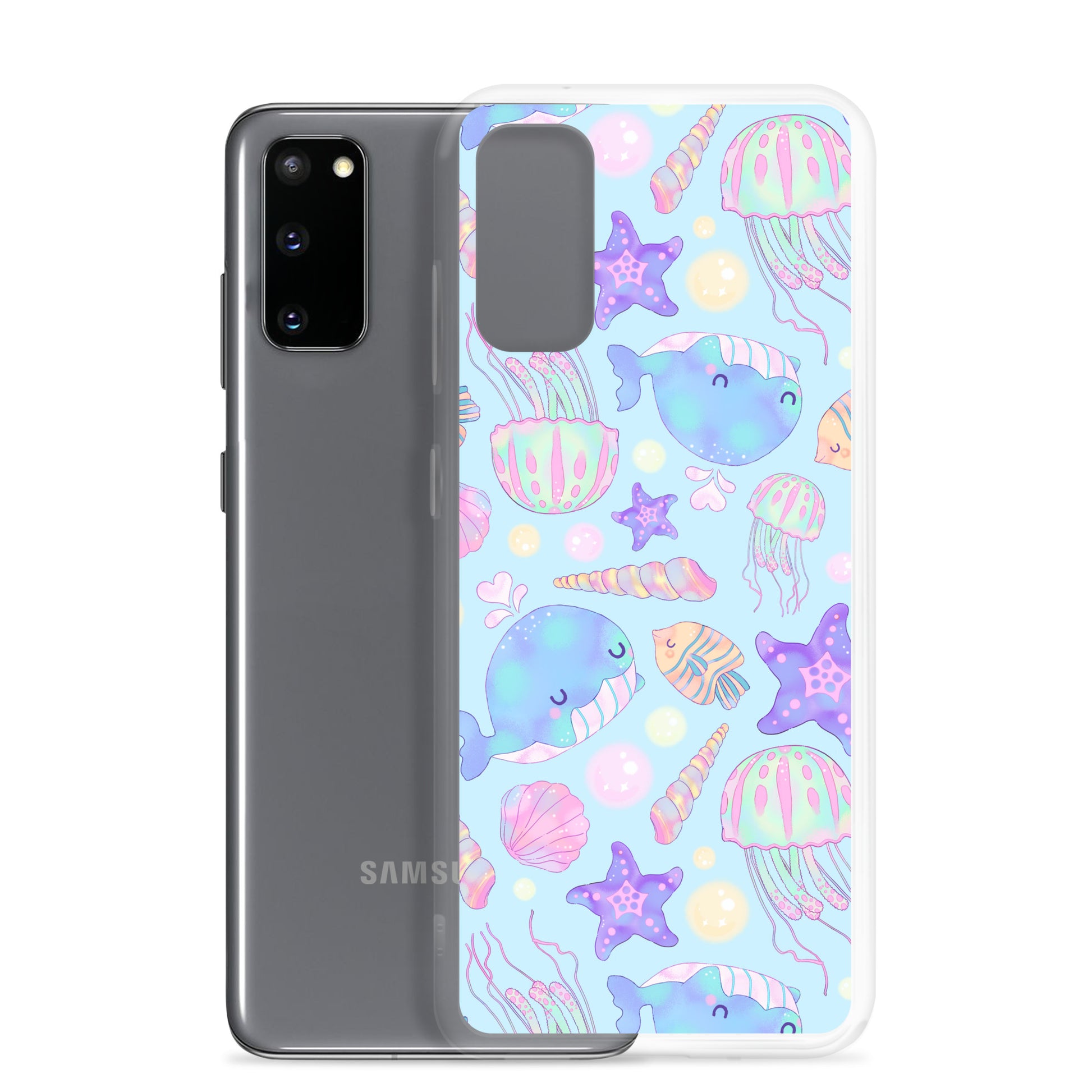Colorful Under the Sea Samsung® Clear Case featuring cute sea creatures, perfect for protecting your phone with style.