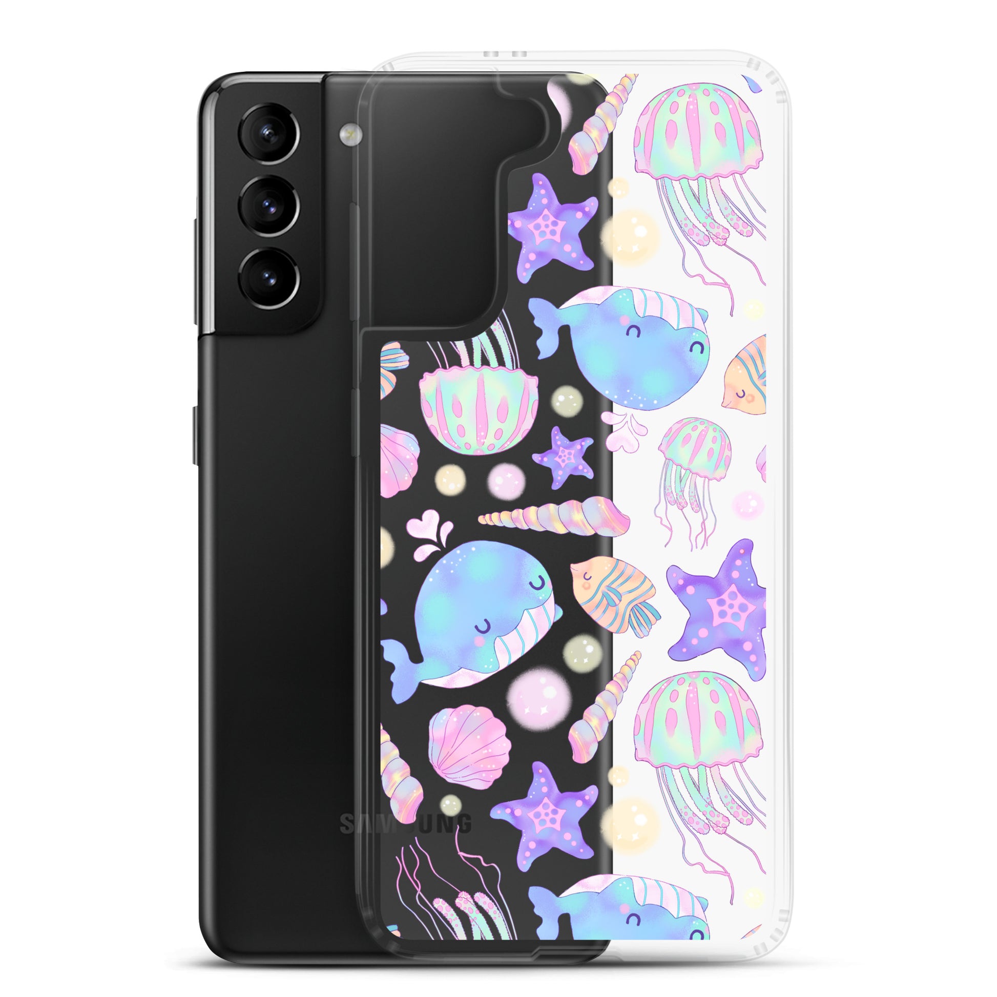 Colorful Under the Sea Samsung® Clear Case featuring cute sea creatures, perfect for protecting your phone with style.