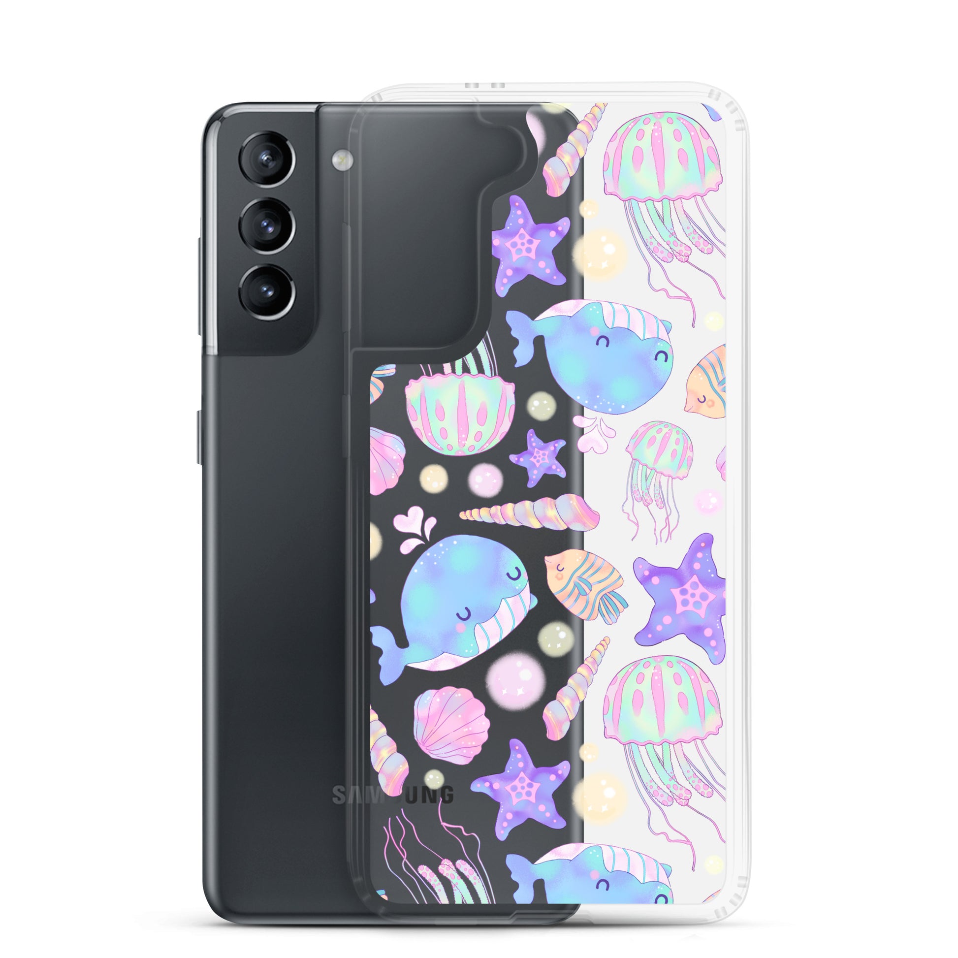 Colorful Under the Sea Samsung® Clear Case displays cute sea creatures, offering style and protection for your phone.