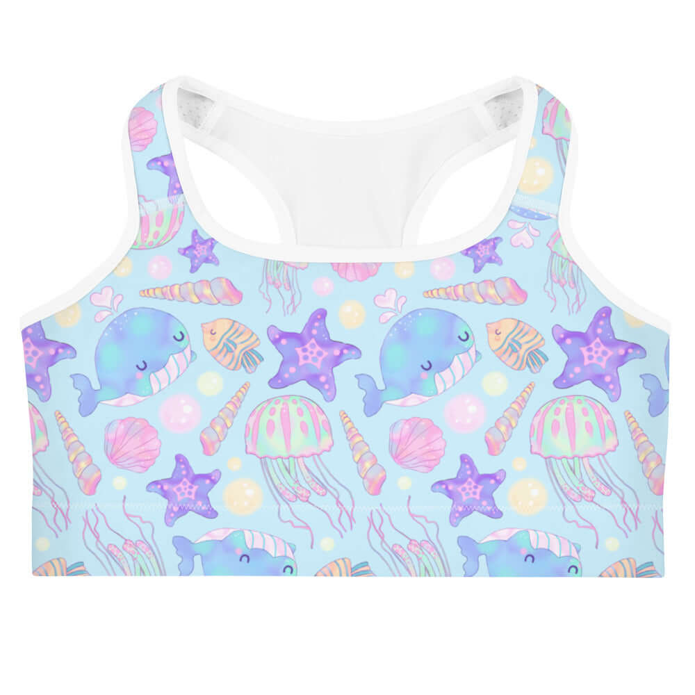 Under the Sea Sports bra features vibrant marine life designs, perfect for stylish workouts and moisture-wicking comfort.