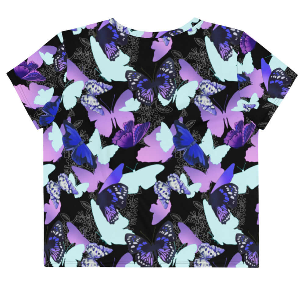 Vibrant Butterfly Crop Top with a colorful butterfly pattern, perfect for a fun, girly look.