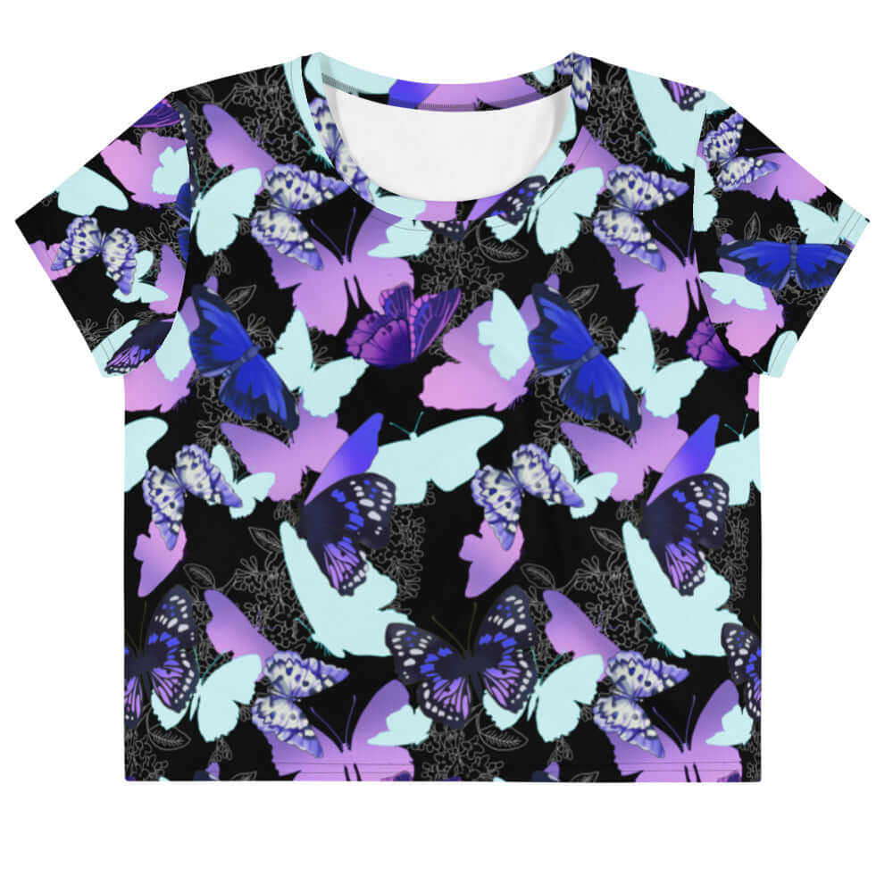 Vibrant Butterfly Crop Top featuring a colorful butterfly design, perfect for a girly and stylish look.