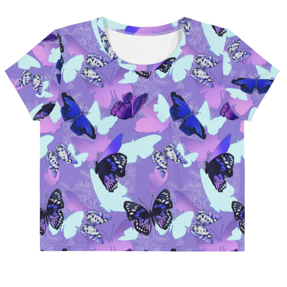 Vibrant Butterfly Crop Top featuring a colorful butterfly print, perfect for a cute, girly look. Shop now!