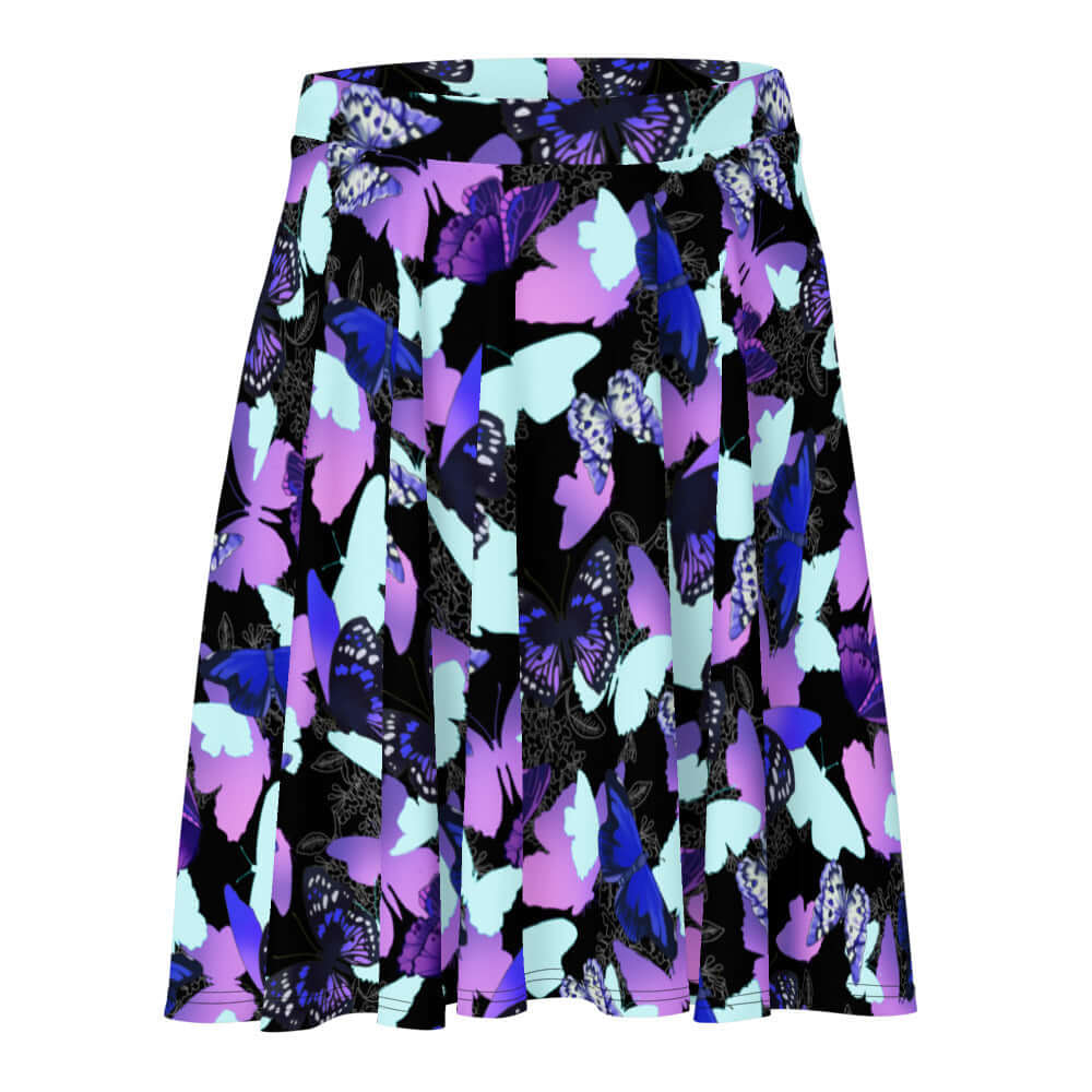 Vibrant Butterfly Skater Skirt with a flattering fit and comfy elastic waistband, perfect for any occasion.