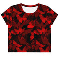 Vibrant Butterfly Crop Top featuring a striking red and black butterfly pattern, perfect for a stylish look.