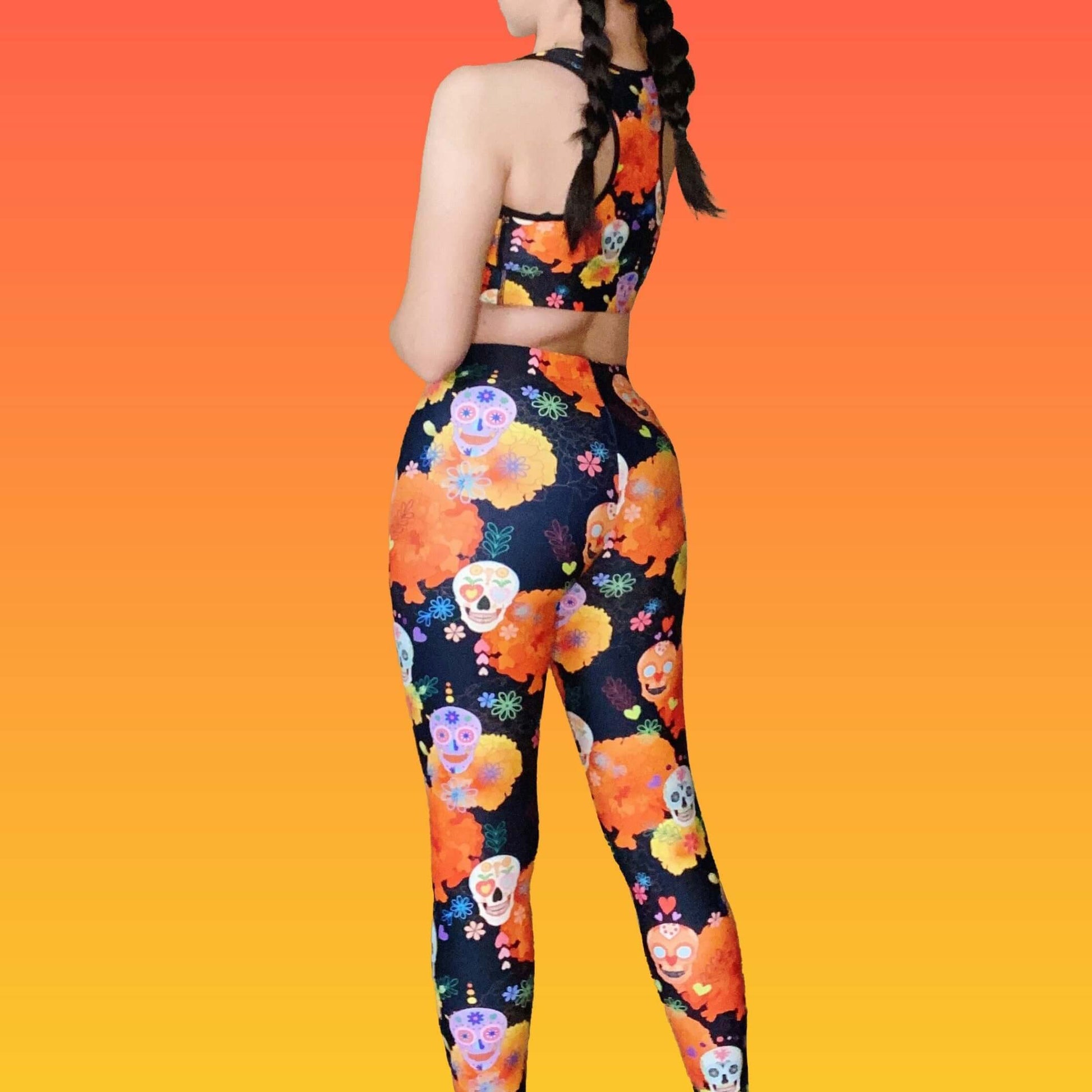 Vibrant Sugar Skull Leggings showcase colorful designs, perfect for making a bold fashion statement.
