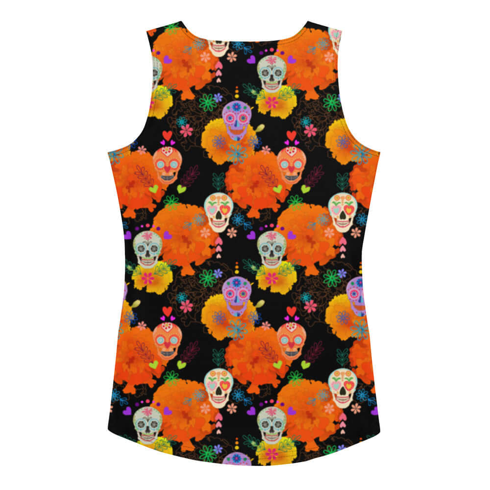 Vibrant Sugar Skull Tank Top features colorful patterns, perfect for sunny days and a snug fit. Ideal for fun outings!