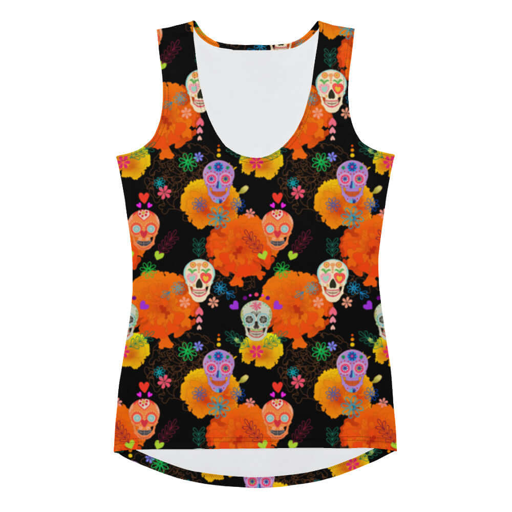 Vibrant Sugar Skull Tank Top featuring fun patterns, perfect for sunny days and a flattering body-hugging fit.